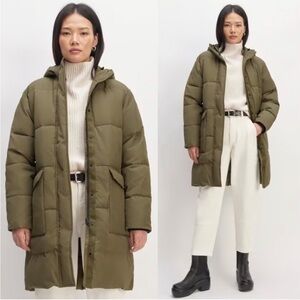 Everlane The Renew Puffy Jacket Long. Olive Green, size XS
